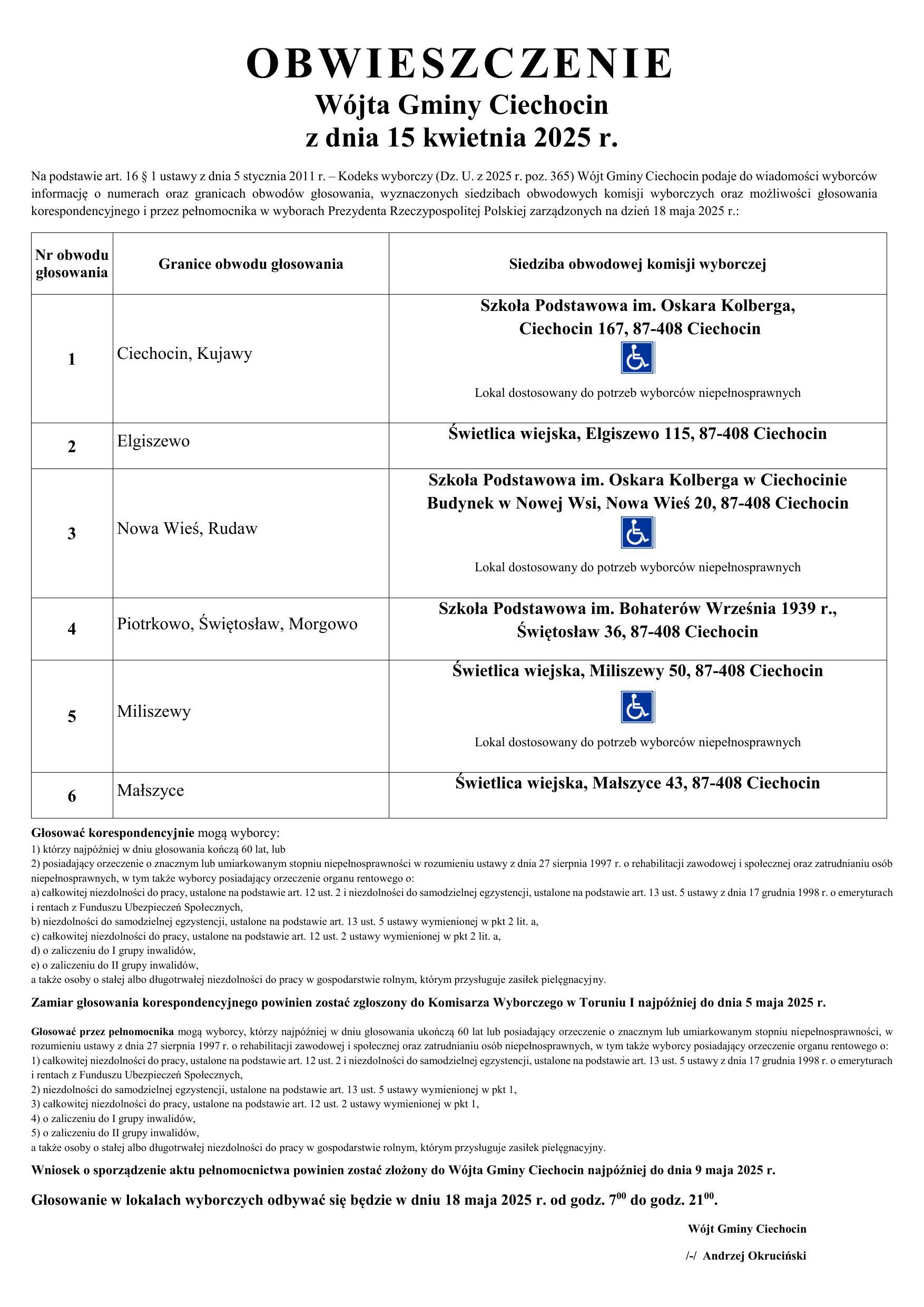 Obwieszczenie Wójta Gminy o obwodach głosowania