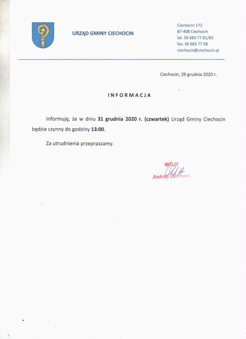 Skrócony czas pracy Urzędu Gminy