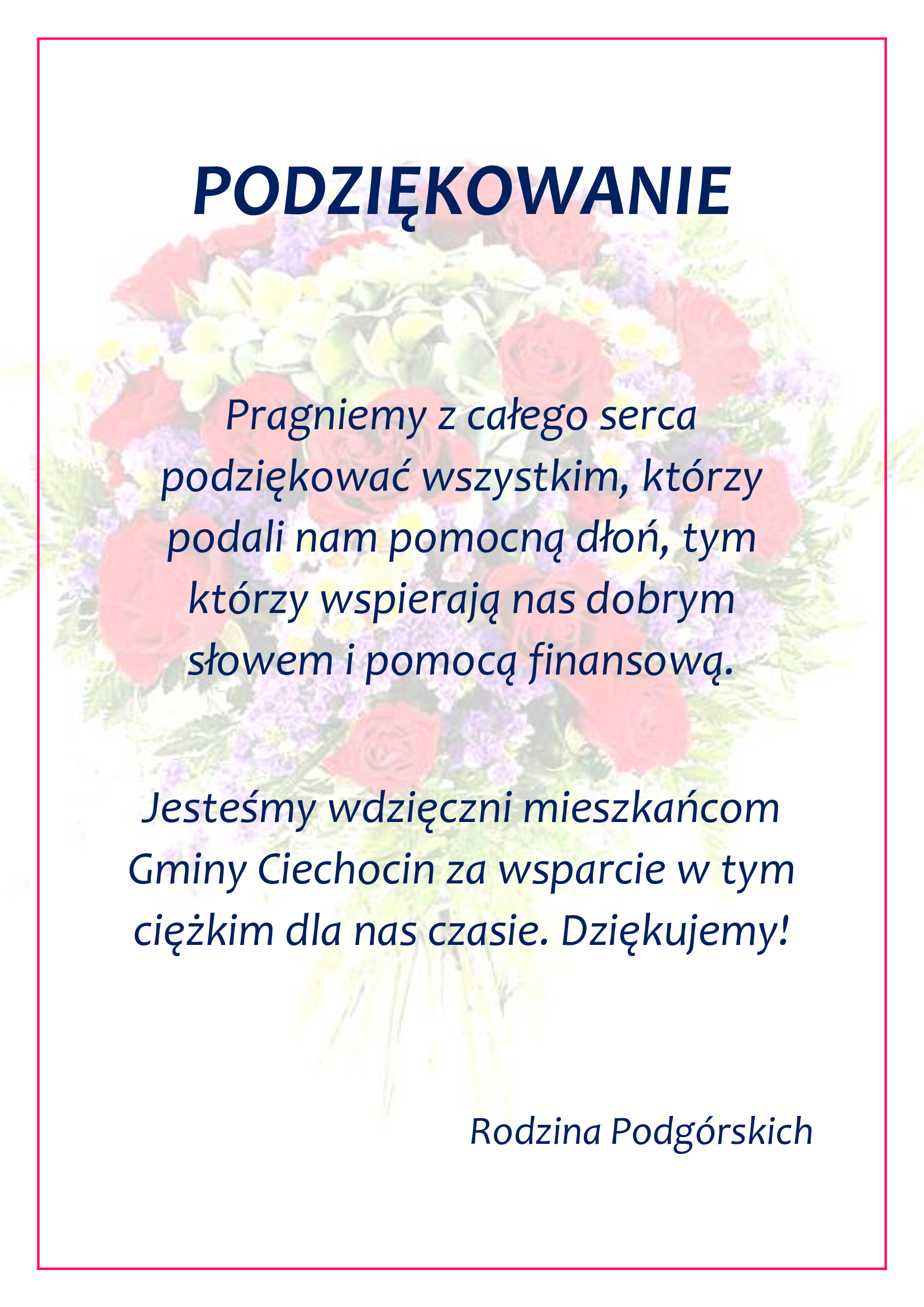 Podziękowanie dla mieszkańców Gminy